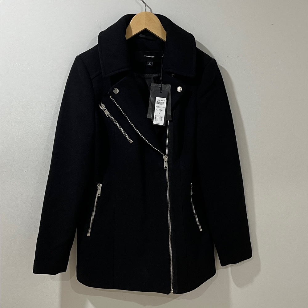 NWT Vero Moda Women’s Pea Coat Black Wool Blend Jacket Moto Mid Length Silver